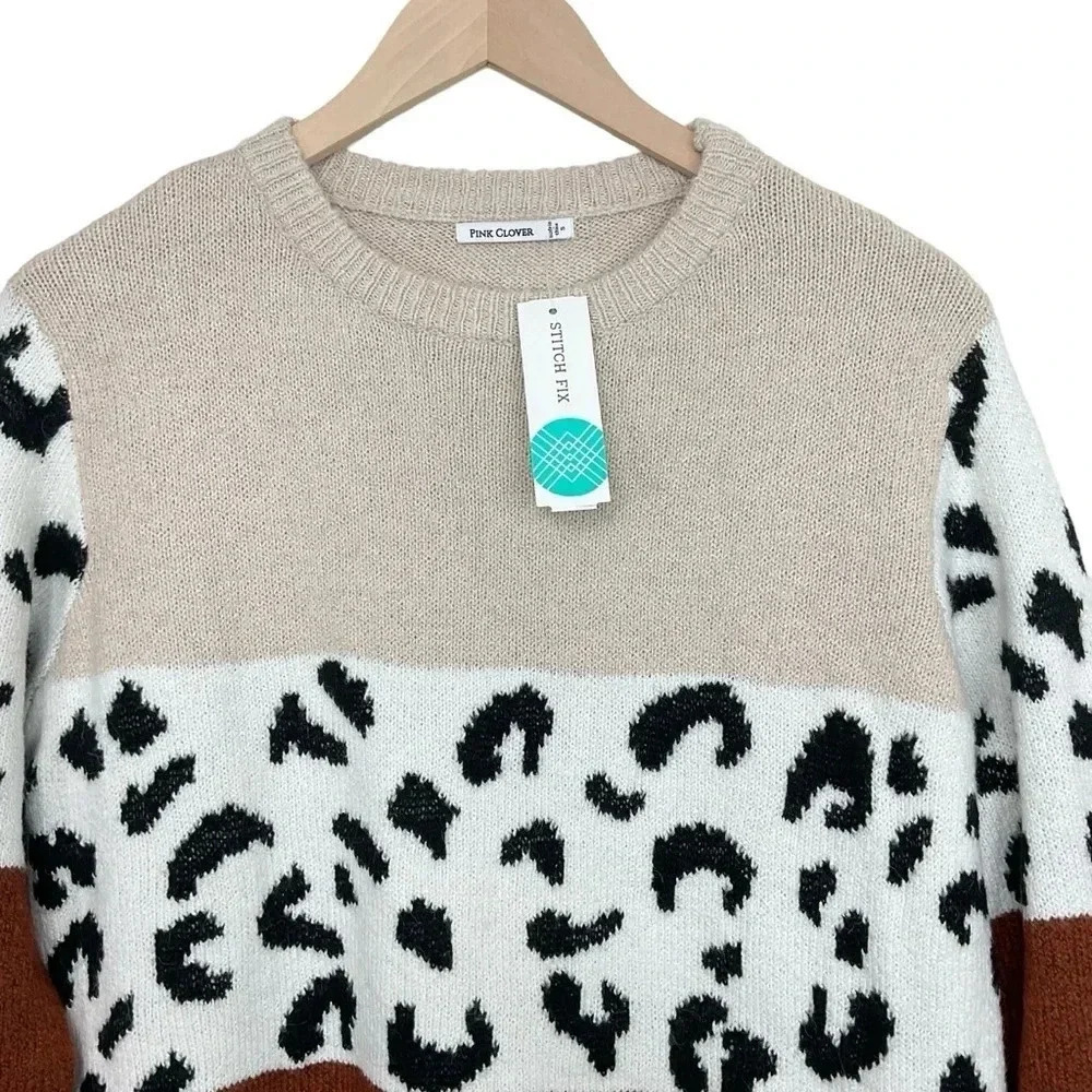 Pink Clover Animal Print Colorblock Crewneck Sweater Size Small - Picture 2 of 8